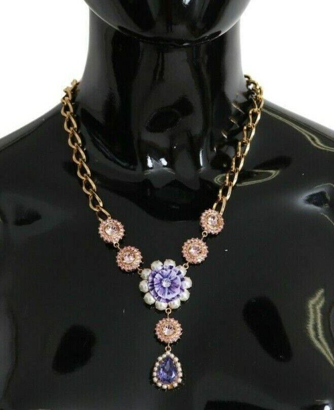 Dolce & Gabbana Elegant Gold Crystal Floral Charm Necklace adorned with sparkling crystals and lustrous pearls