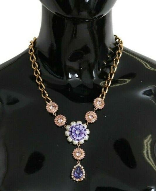 Dolce & Gabbana Elegant Gold Crystal Floral Charm Necklace adorned with sparkling crystals and lustrous pearls