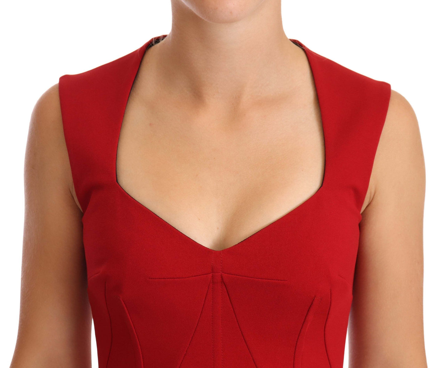 Dolce & Gabbana Elegant Sweetheart Midi Dress in Red, back view, zip closure, logo details, perfect for turning heads