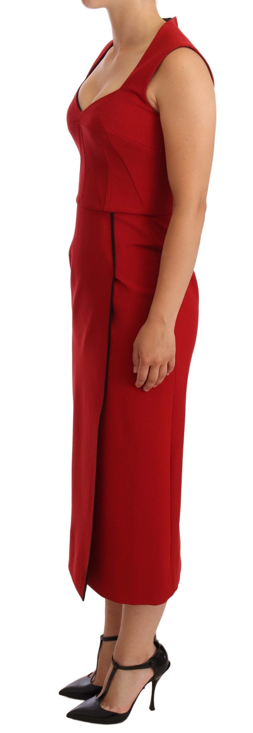 Dolce & Gabbana Elegant Sweetheart Midi Dress in Red, close-up of logo details, 81% Nylon, 19% Elastane lining, made in Italy