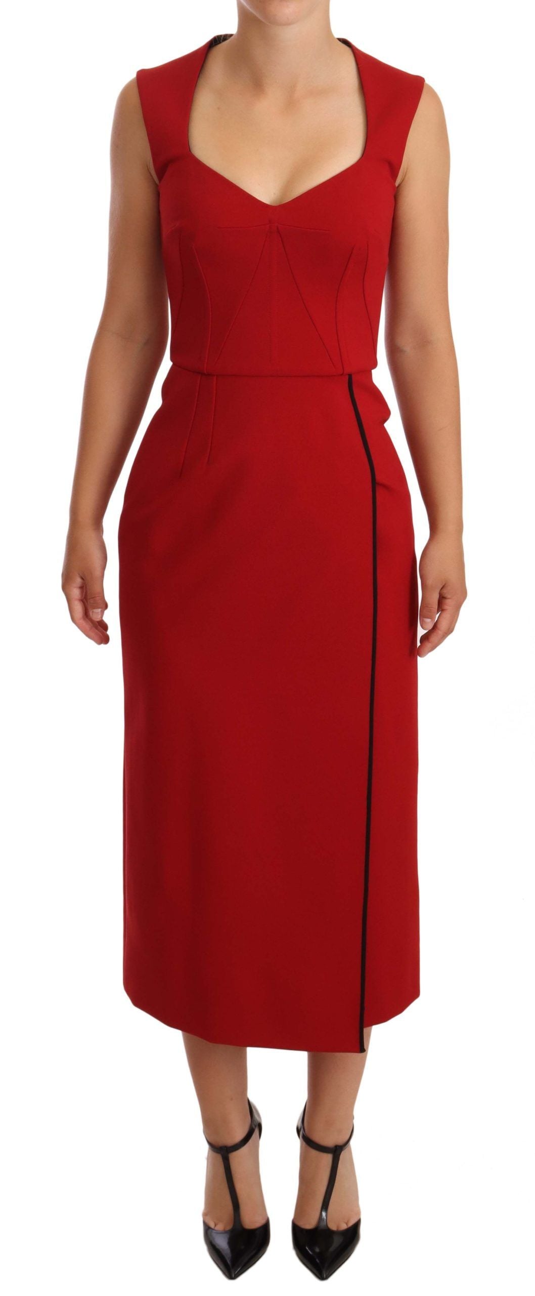 Dolce & Gabbana Elegant Sweetheart Midi Dress in Red, front view, vibrant red color, expertly crafted in Italy