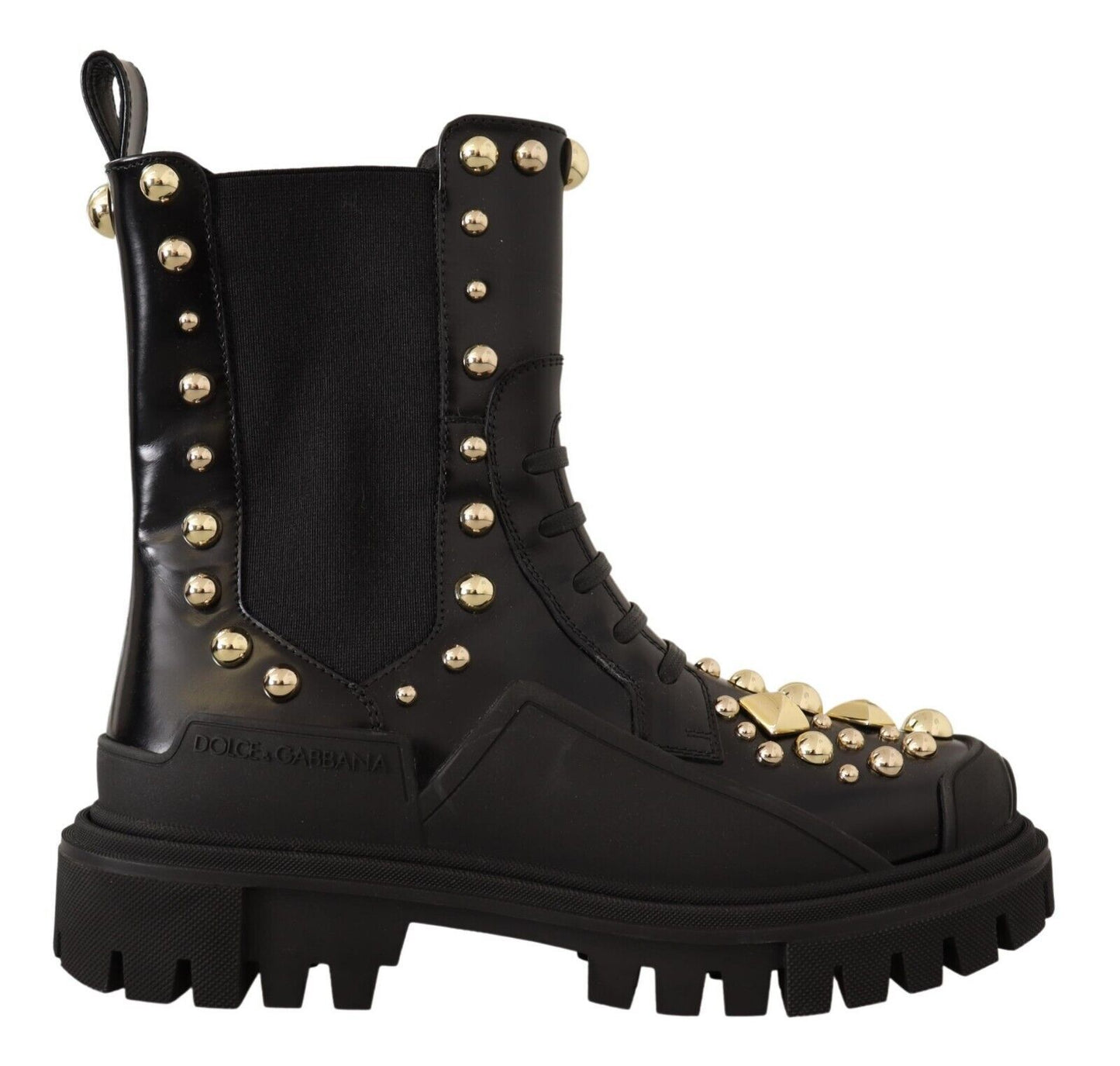 Dolce & Gabbana black leather combat boots with gold studs and embroidery