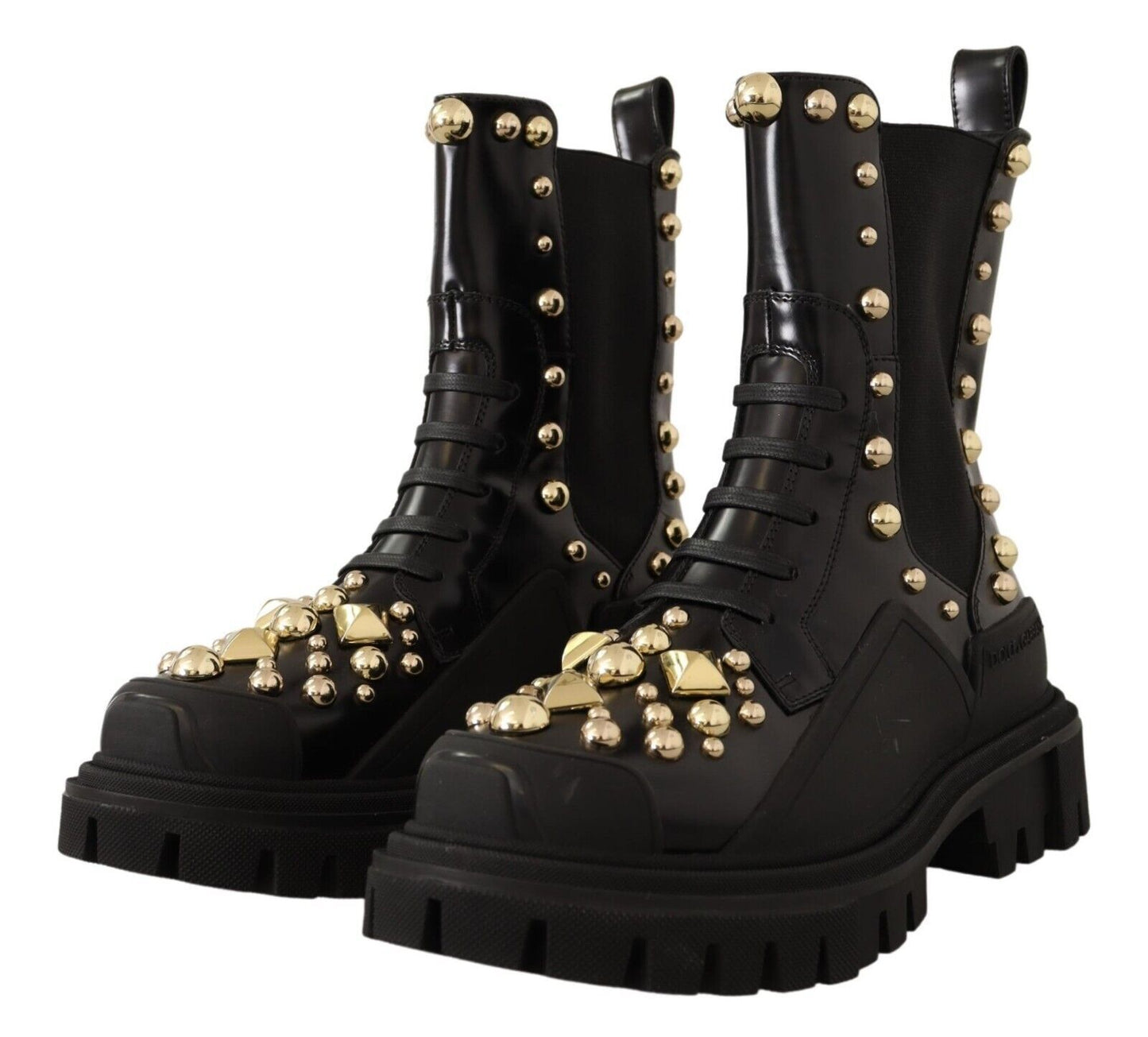 High fashion black leather combat boots with rubber soles and gold studs