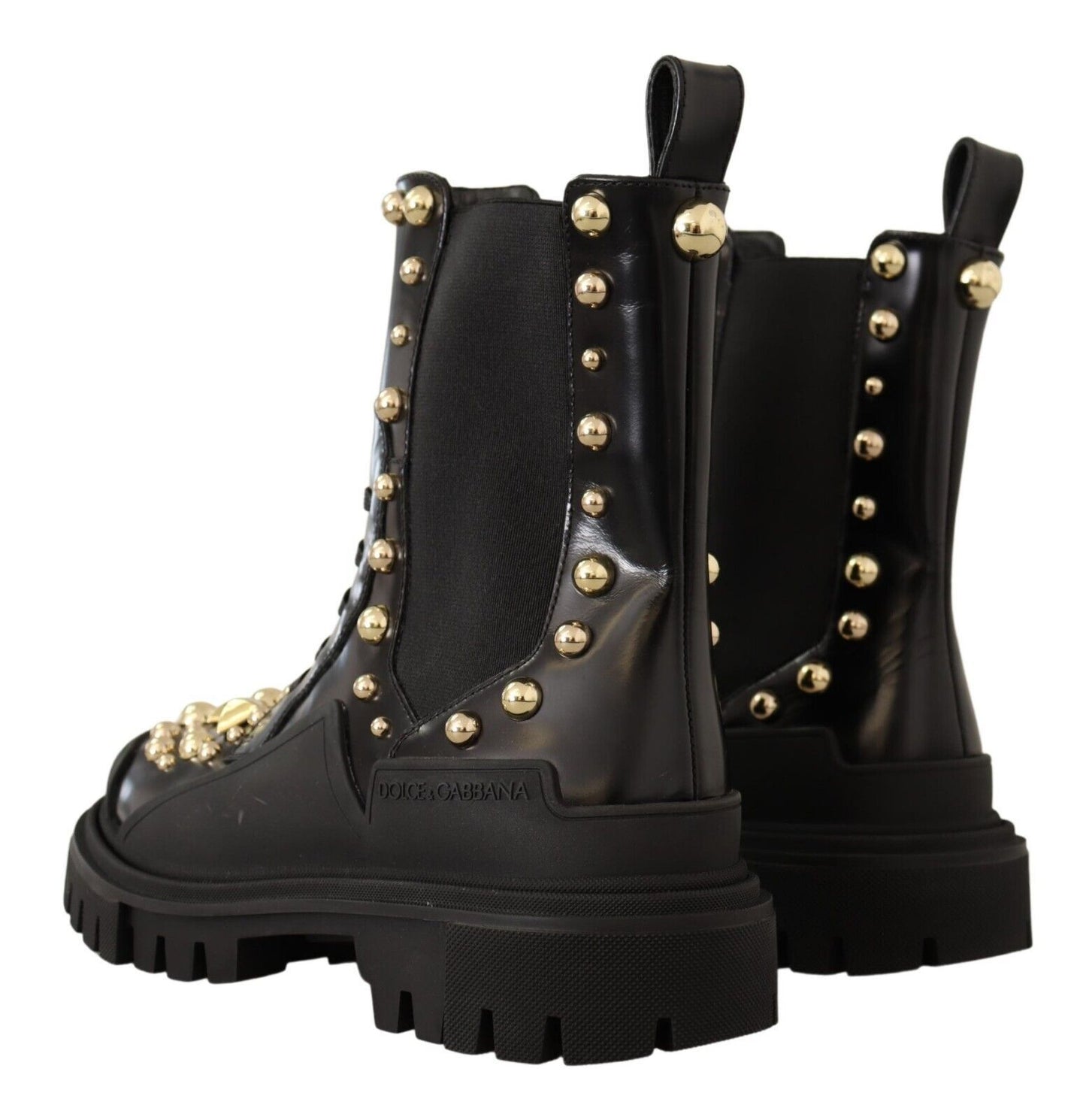 100% Authentic Dolce & Gabbana polished calfskin combat boots with gold studs