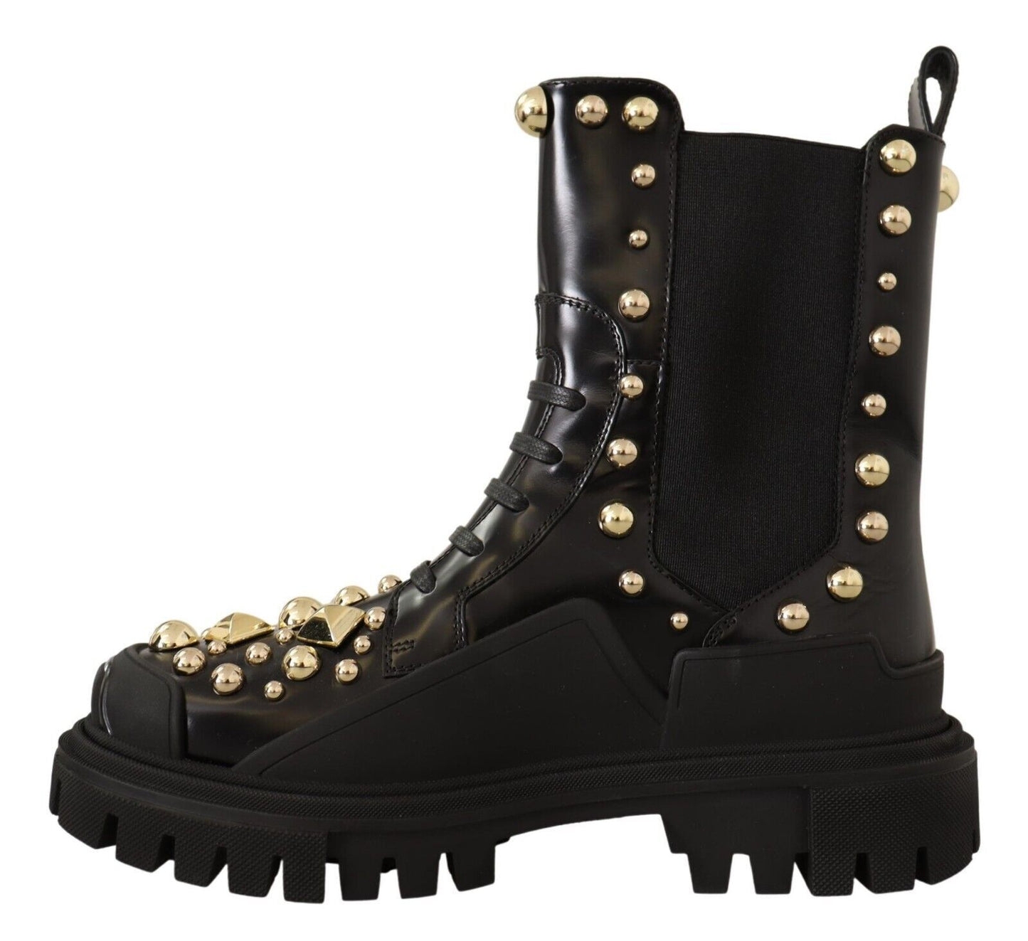 Stylish and practical black leather combat boots with stretch bands on the sides