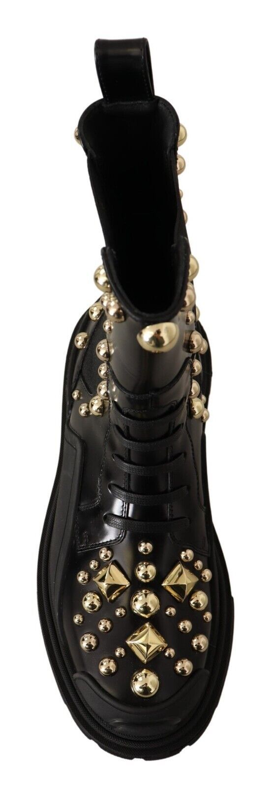 Italian-made black leather combat boots with rubber soles and stretch bands