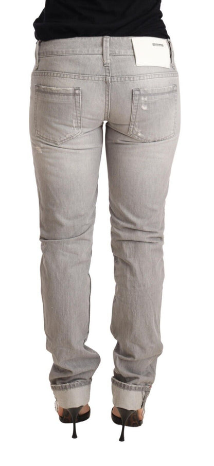 High-end gray wash jeans with skinny silhouette and four pockets