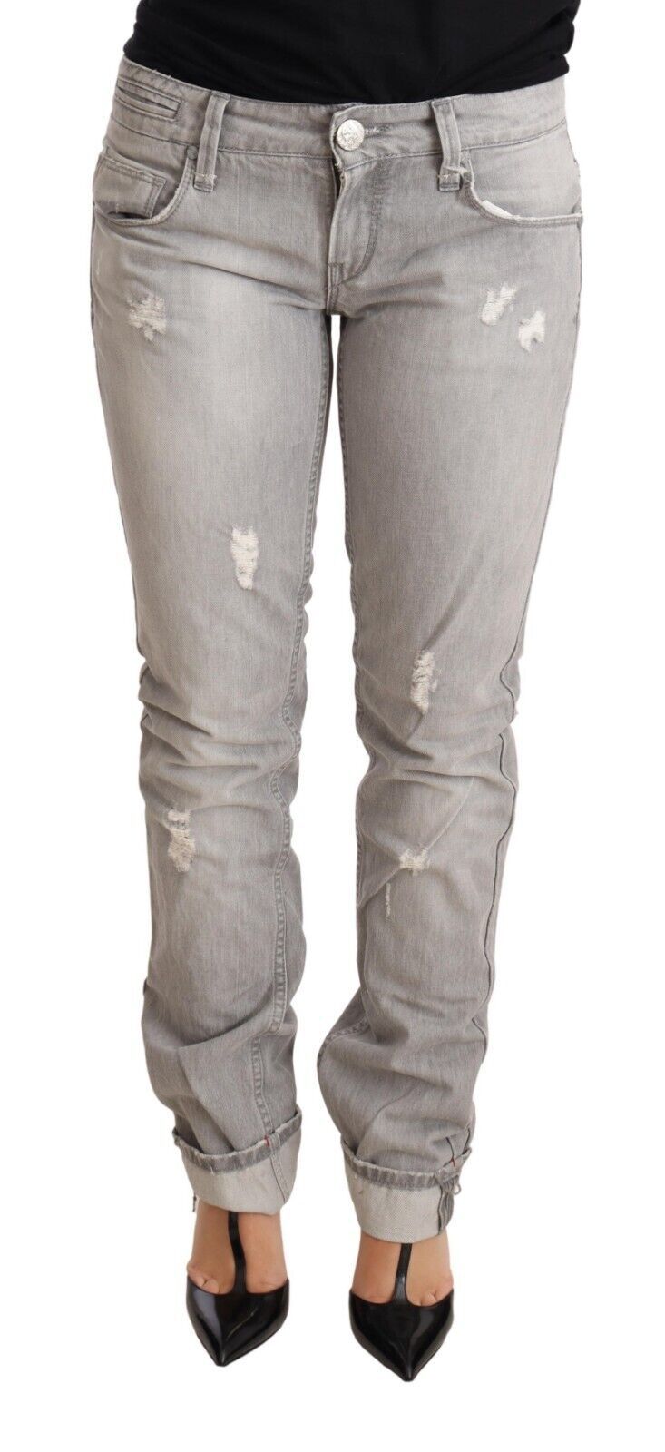 Chic Slim Fit Tattered Gray Wash Jeans with button and logo details