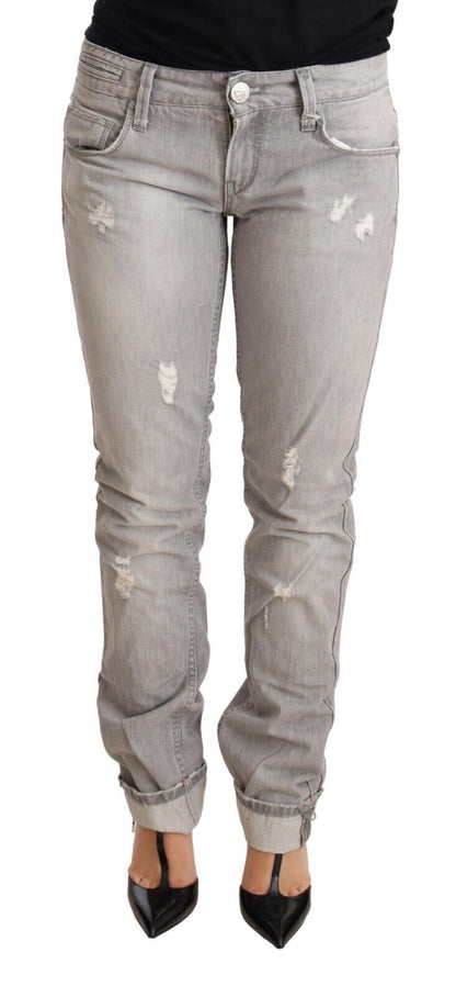 Chic Slim Fit Tattered Gray Wash Jeans with button and logo details