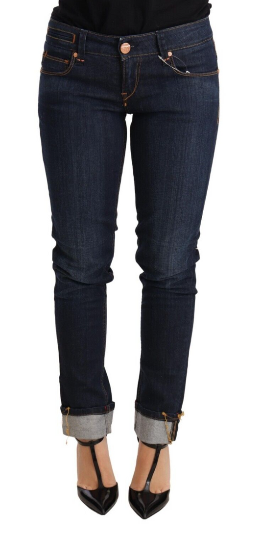 Low Waist Skinny Denim in Blue Washed Color by Acht with Zipper Closure and Logo Details