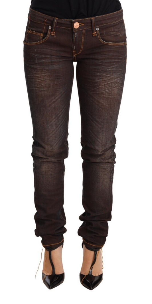 Low Waist Skinny Brown Jeans by Acht with button closure