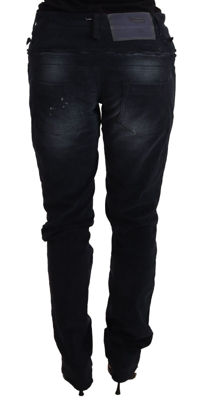 Versatile dark blue jeans adorned with subtle logo detailing