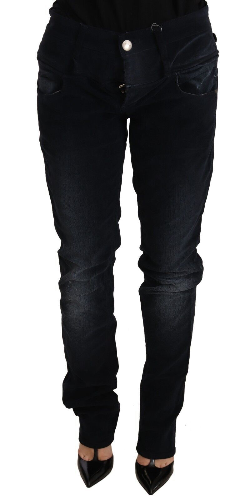 Exquisite dark blue slim-fit denim jeans with classy washed finish