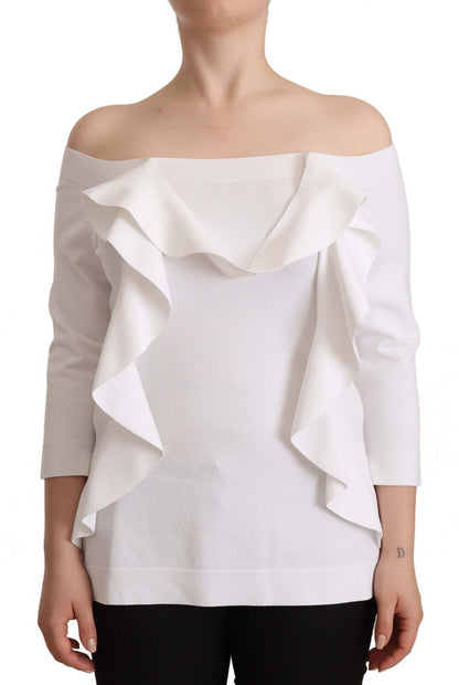 Stunning off-shoulder white blouse with elegant logo details 