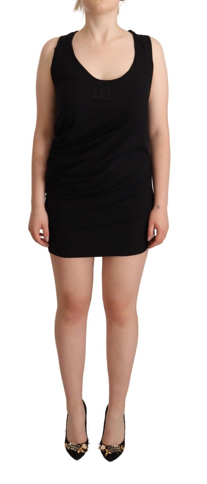 Roberto Cavalli Elegant Black Sheath Stretch Dress with subtle logo details