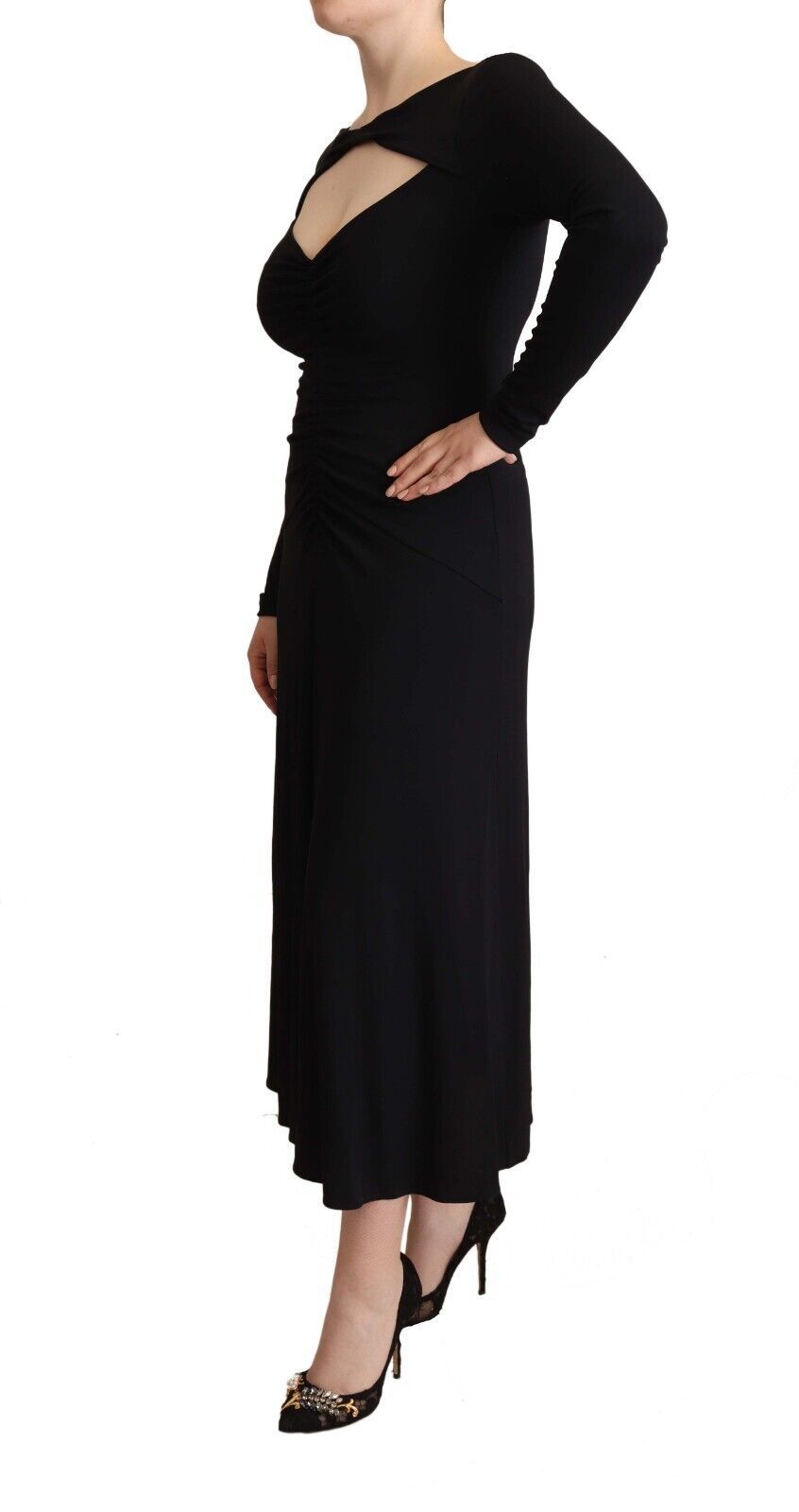 Sleek black PINKO maxi dress with zipper closure and logo details