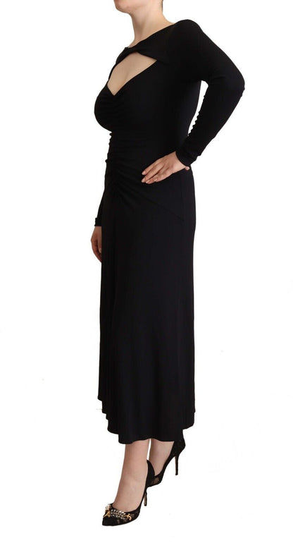 Sleek black PINKO maxi dress with zipper closure and logo details