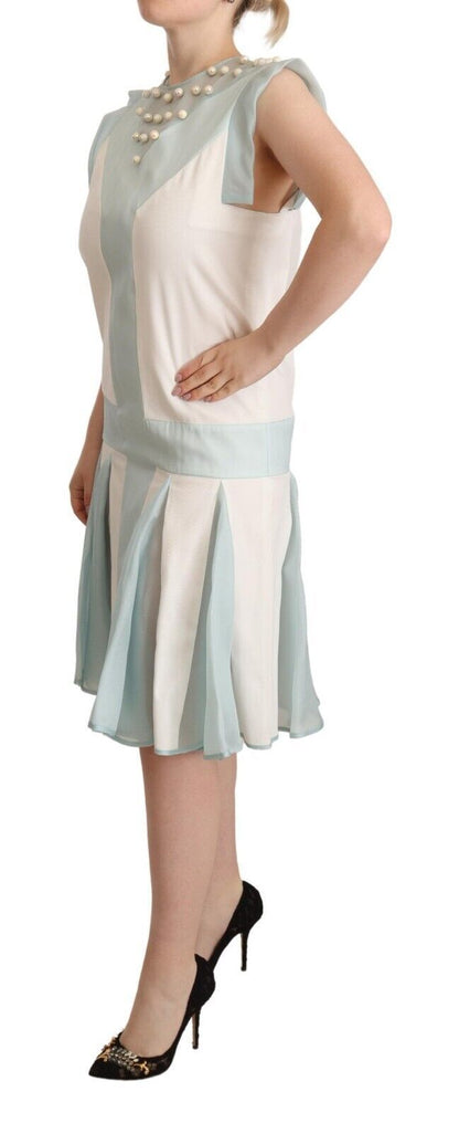 100% Authentic Embroidered Pearl Shift Dress, Classy Sleeveless Silhouette and Round Neck