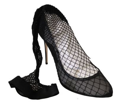 Distinctive logo details on black netted sock pumps