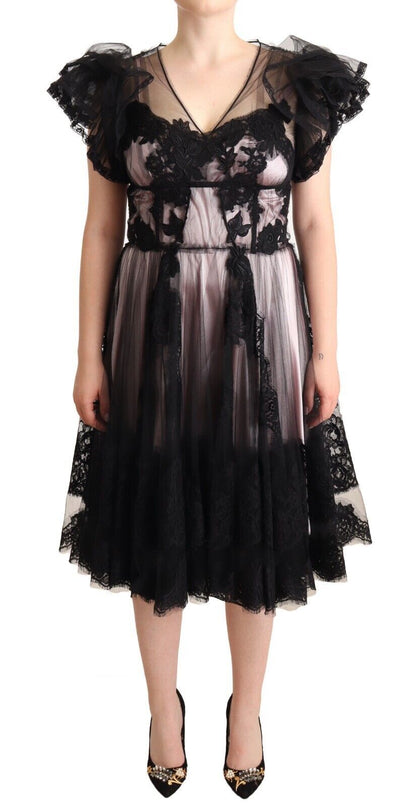Dolce & Gabbana Chic Black Floral Lace Midi Dress, elegant and timeless