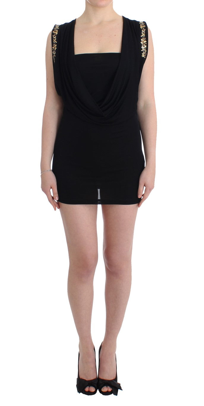 Sleeveless black mini dress with gold metal details draped neckline 