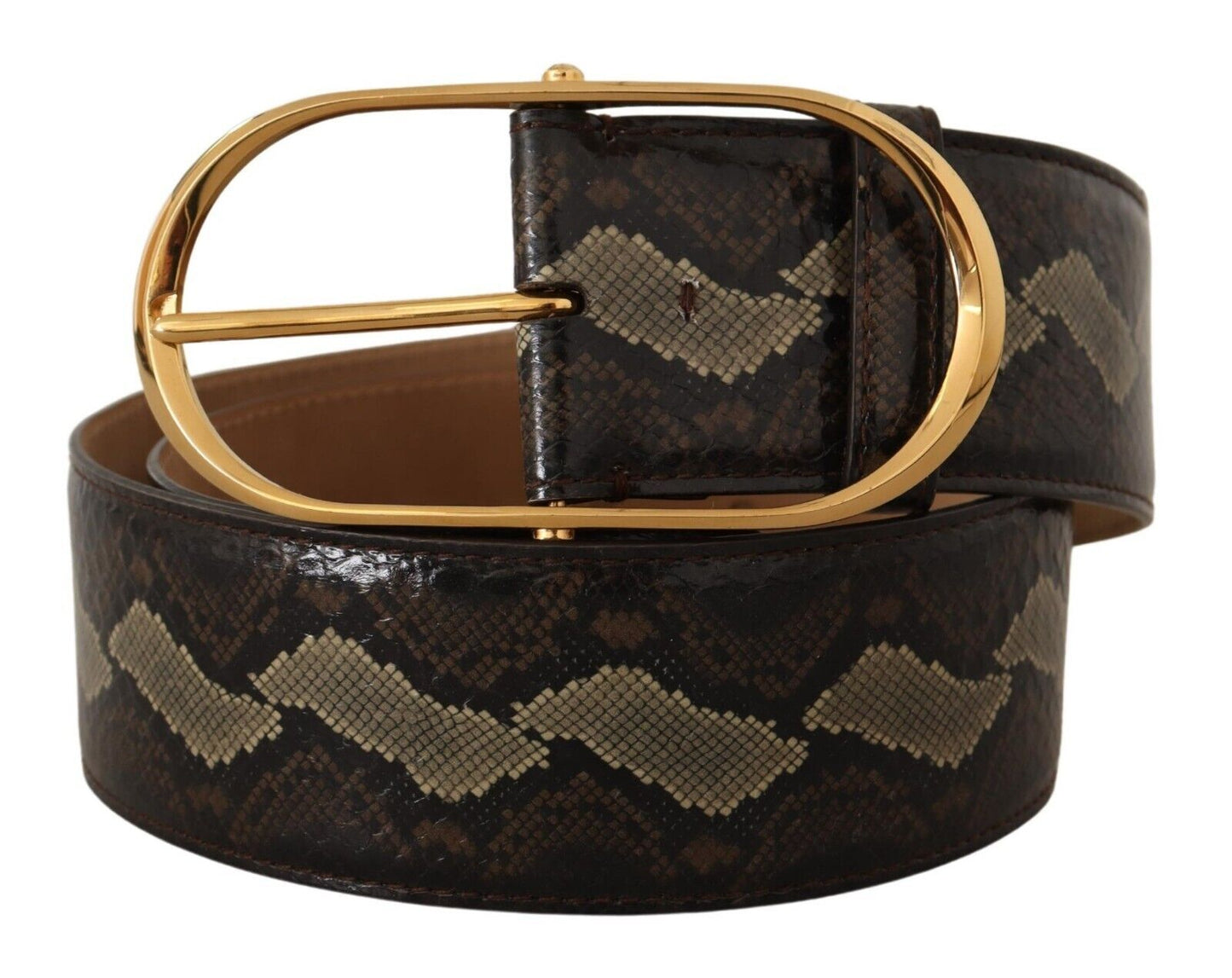 Luxurious Dolce & Gabbana belt with gold oval buckle, featuring logo details and crafted in Italy with 100% authentic phyton snake skin leather