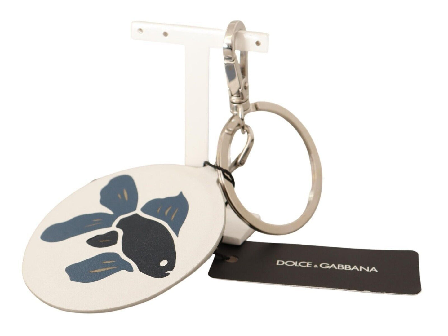 Dolce & Gabbana white leather keychain with silver tone hardware 