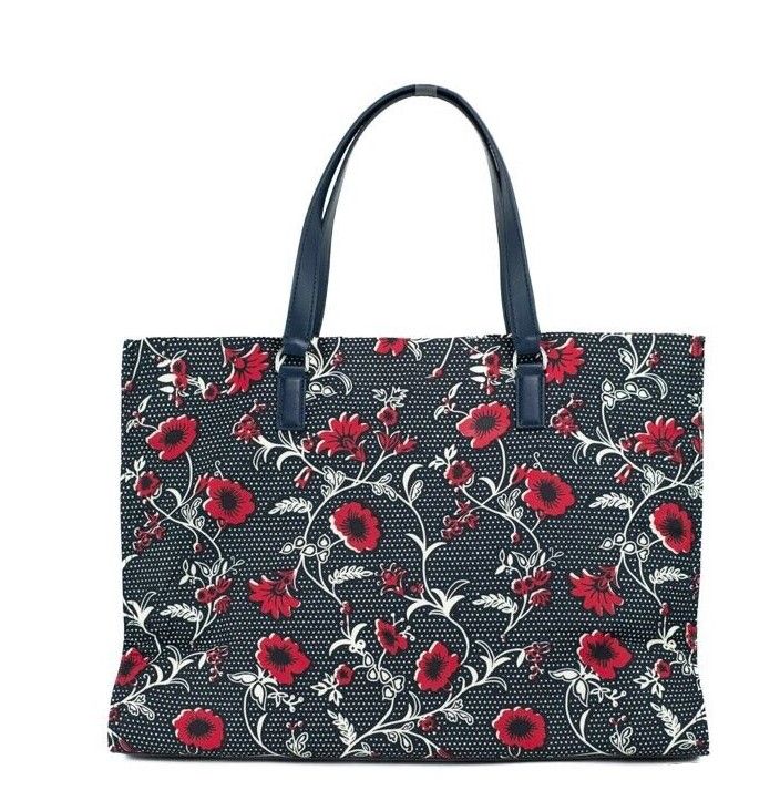 Nylon shoulder tote with smooth leather trim and fabric lining