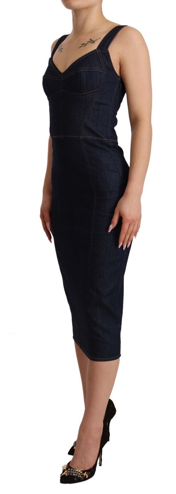 Sophisticated dark blue denim sheath dress designed by Dolce & Gabbana from Italy