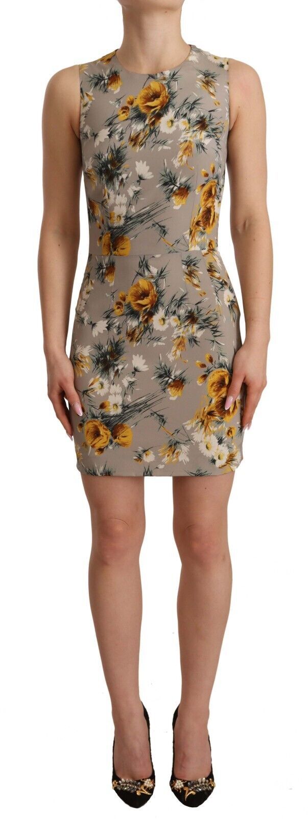 Dolce & Gabbana Elegant Floral Sheath Mini Dress in Gray with Floral Design and Sleeveless Cut
