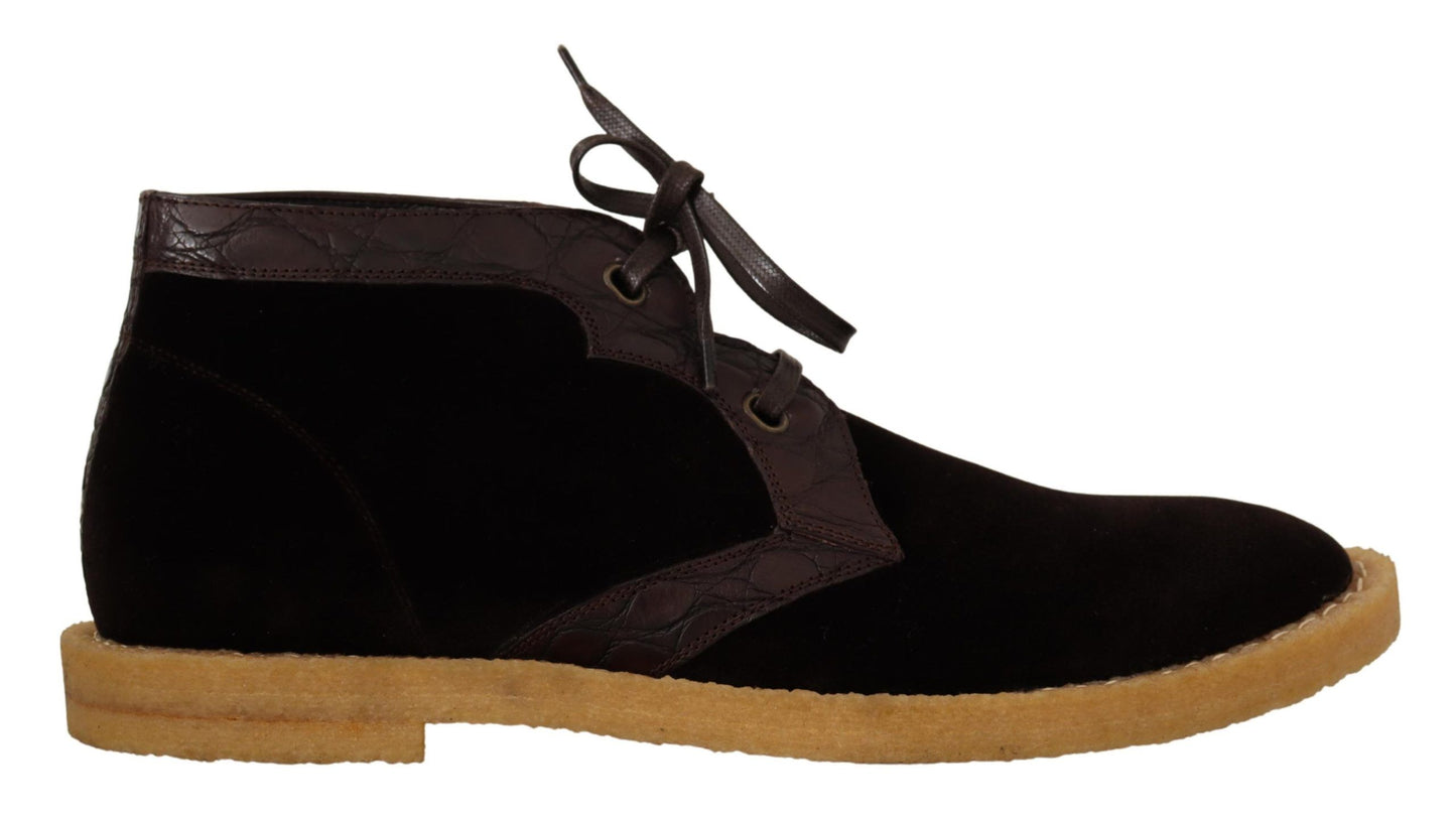 Exquisite brown velvet ankle boots with genuine caiman exotic leather construction
