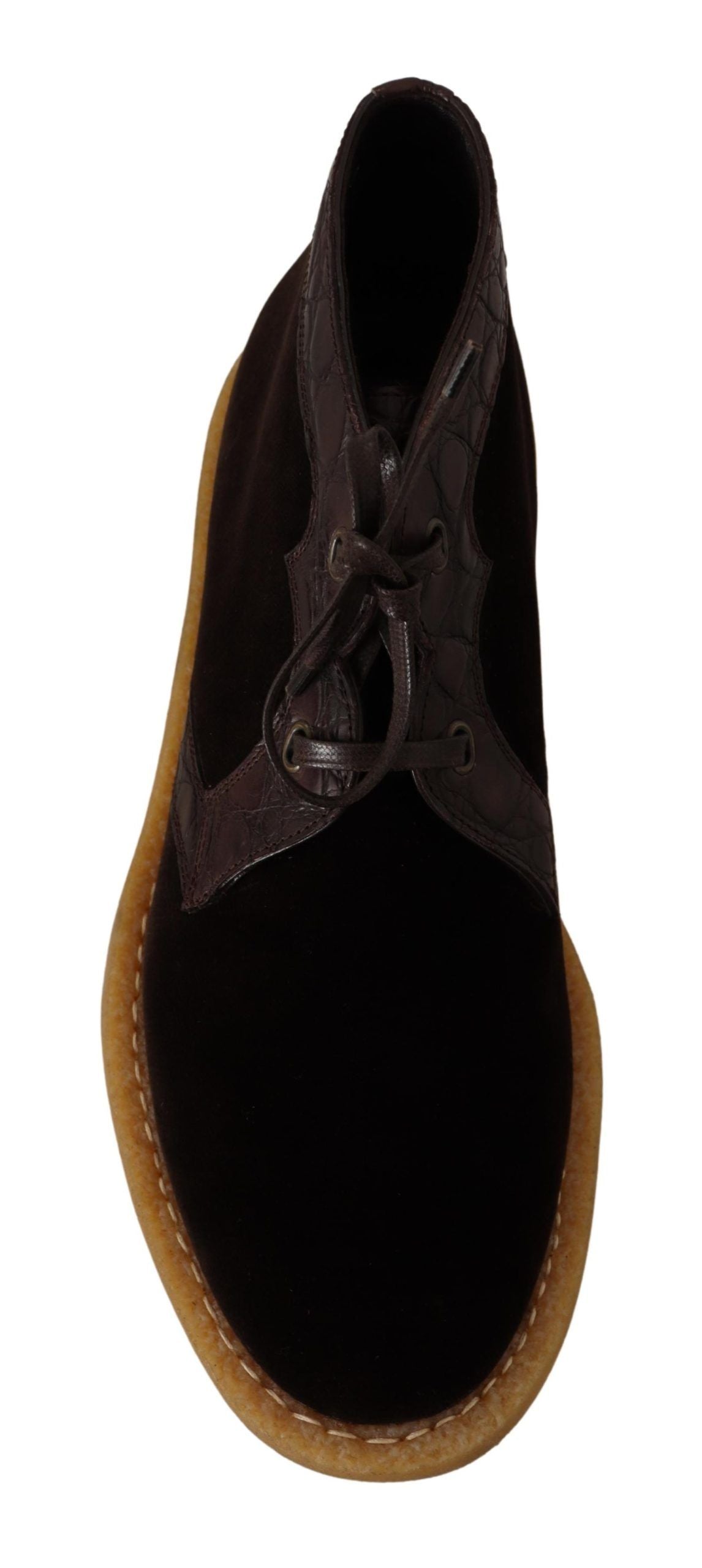 Brown ankle boots with rich velvet and genuine caiman exotic leather