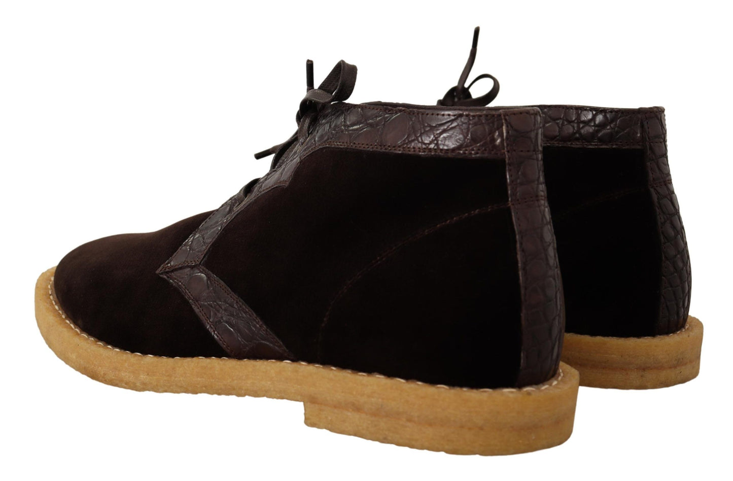 Italian-made ankle boots with velvet, caiman exotic leather, and rubber outer sole