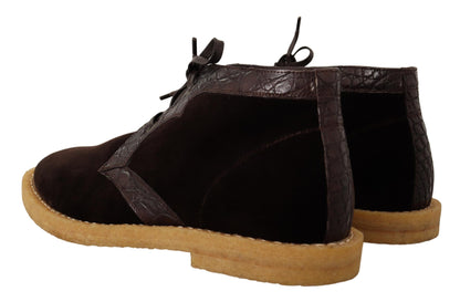 Italian-made ankle boots with velvet, caiman exotic leather, and rubber outer sole