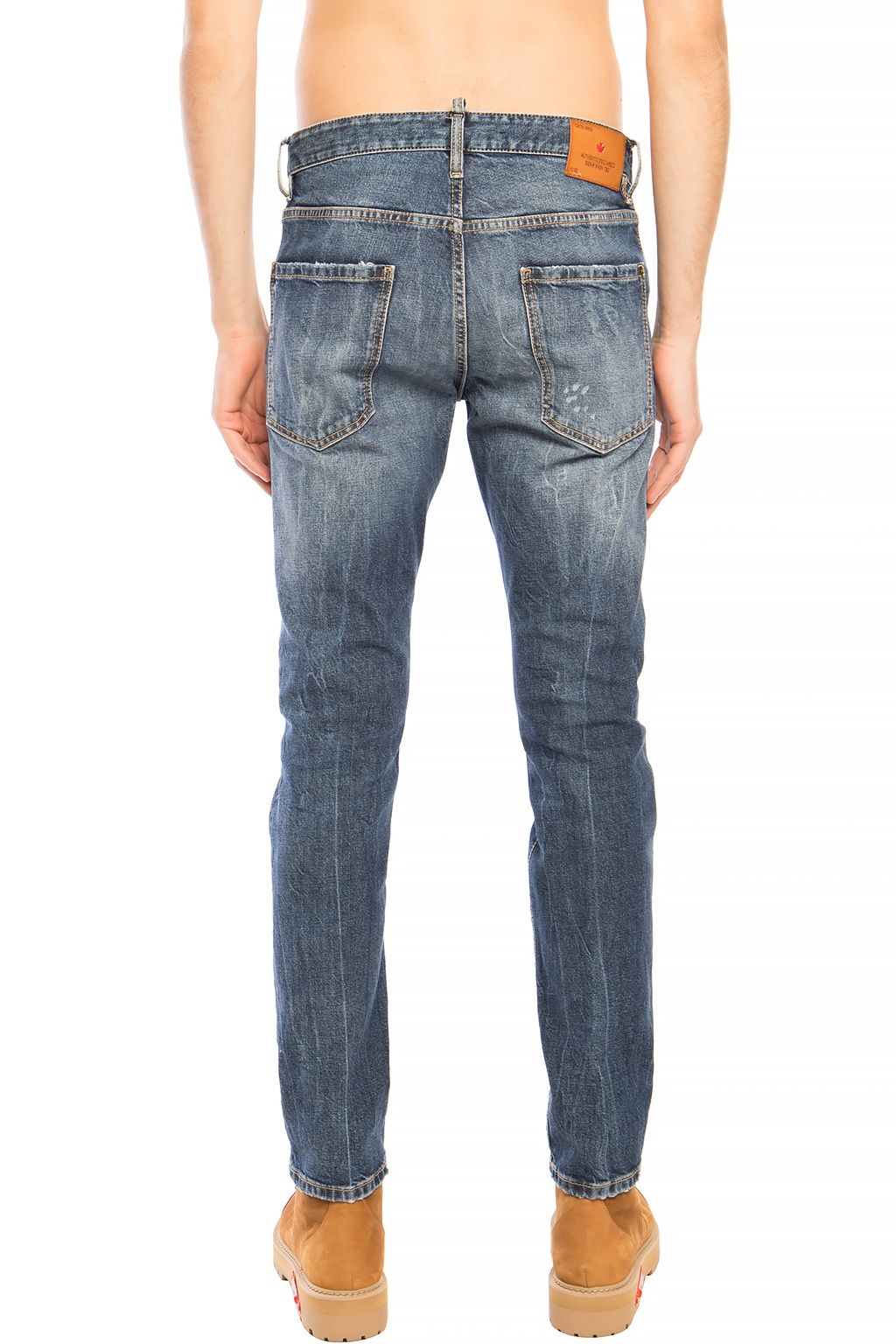 High-end Navy Distressed Denim Pants with Tapered Legs and Raw Trim