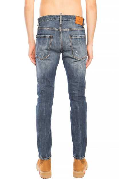 High-end Navy Distressed Denim Pants with Tapered Legs and Raw Trim