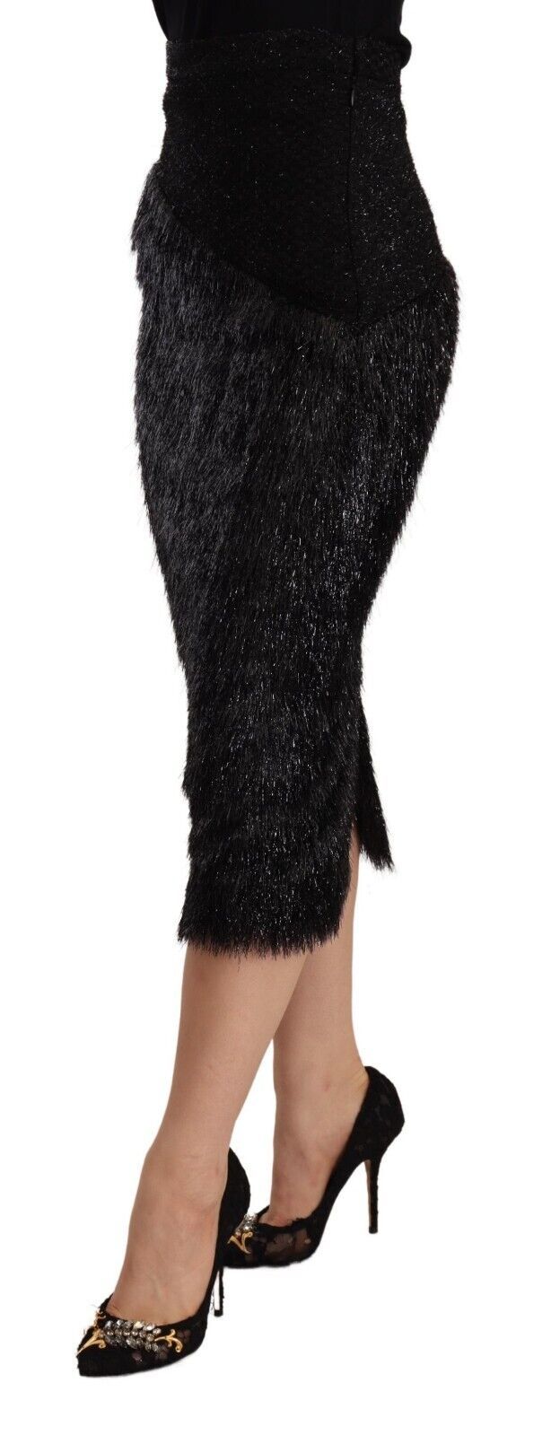High waist pencil midi skirt in classic black color, offering versatility and timeless charm
