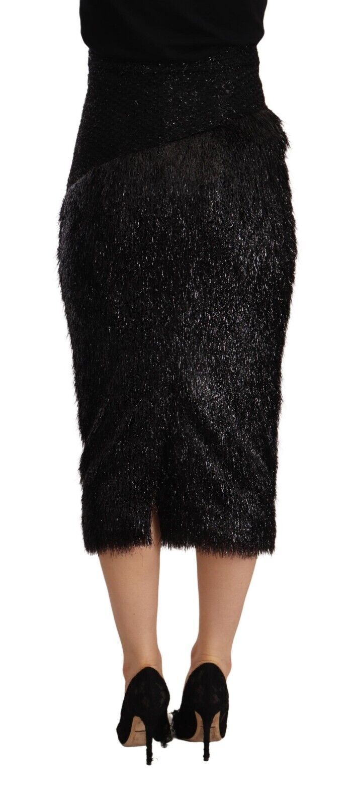 Elegant high waist pencil midi skirt with zipper closure and logo details, made in Italy from 54% Viscose, 38% Virgin Wool, 8% Nylon