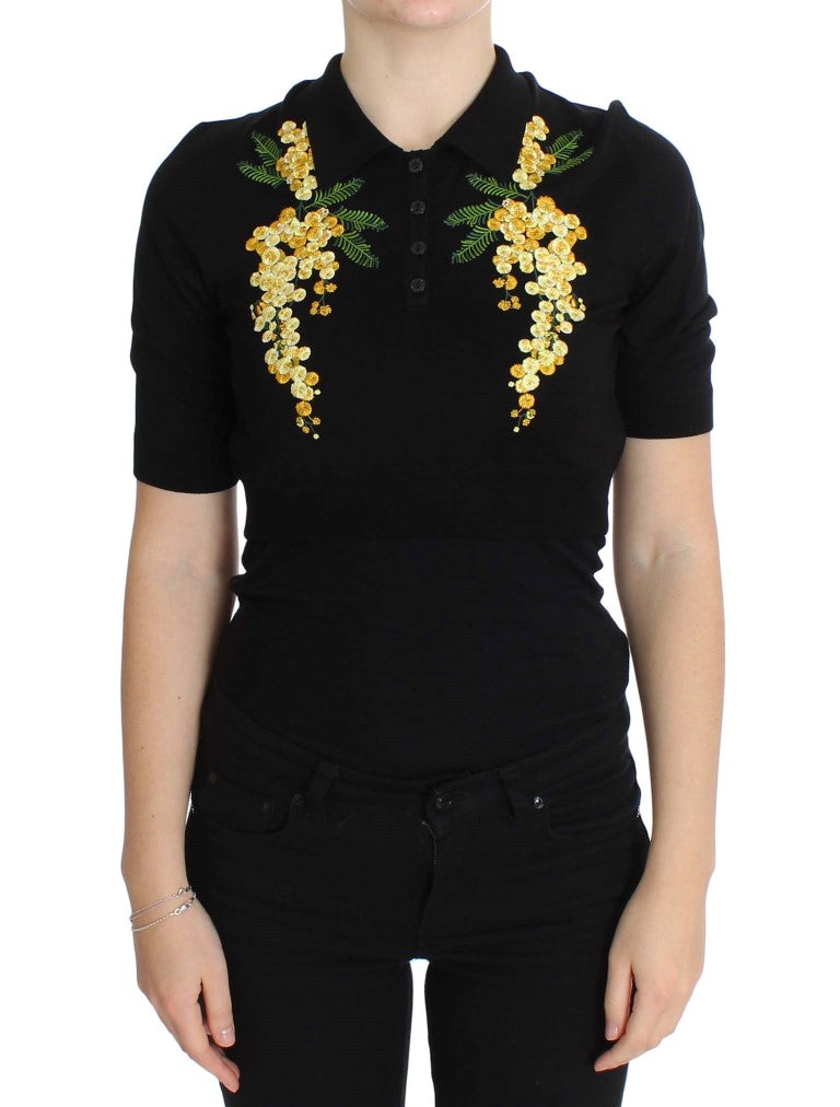 Black silk polo top with yellow and green floral embroidery by Dolce & Gabbana