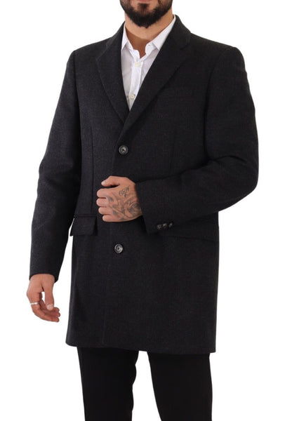 Dolce & Gabbana Elegant Dark Grey Woolen Overcoat with Button Detail