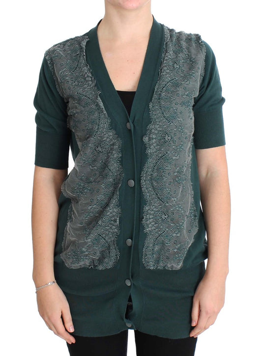 Elegant green lace cardigan sweater crafted from soft 100% cotton