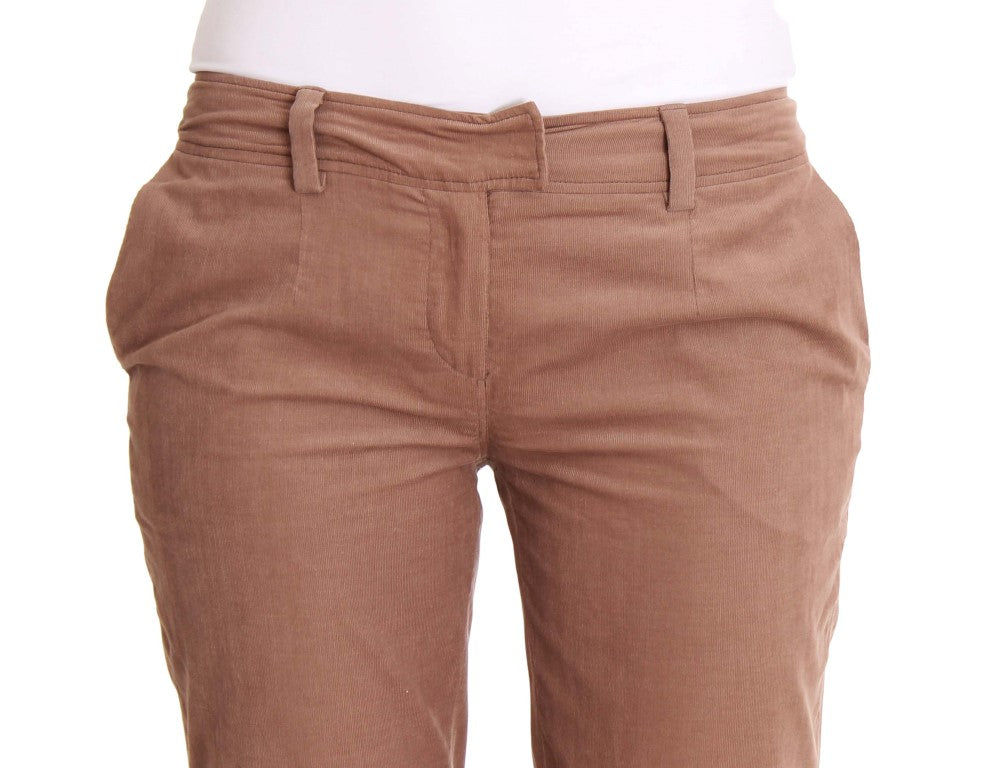 Italian-made brown corduroy pants with zipper fly and front and back pockets