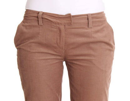 Italian-made brown corduroy pants with zipper fly and front and back pockets