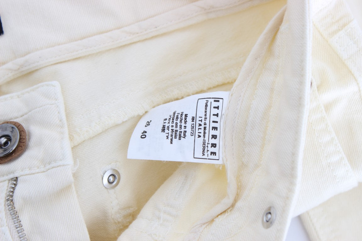 Italian off-white flared jeans with 98% cotton and 2% elastane material blend