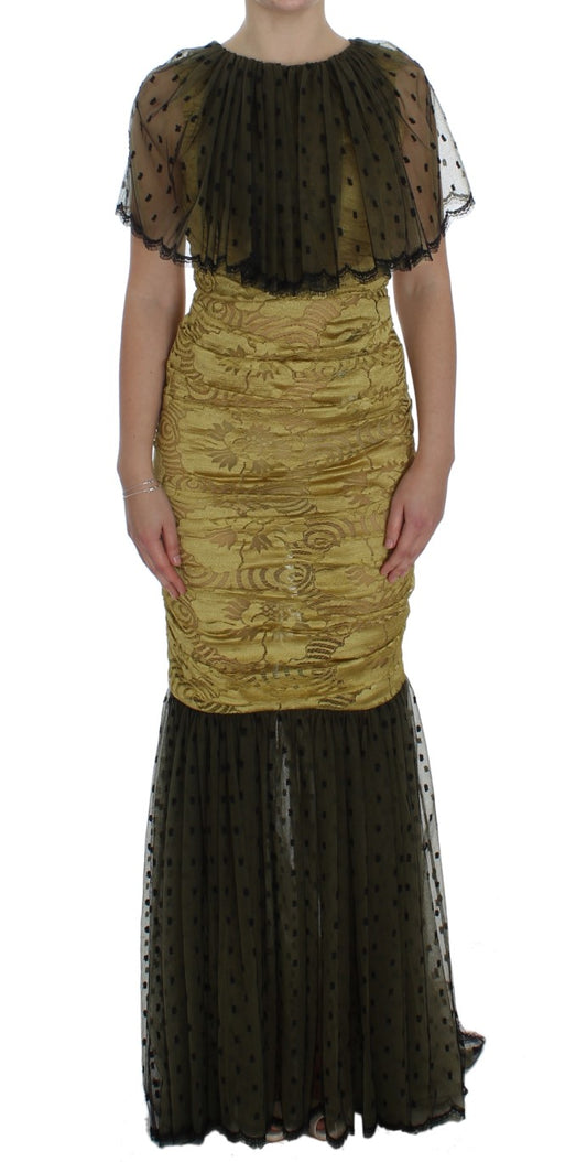 Dolce & Gabbana Yellow Floral Lace Sheath Dress with graceful full length design and sleek back zipper closure