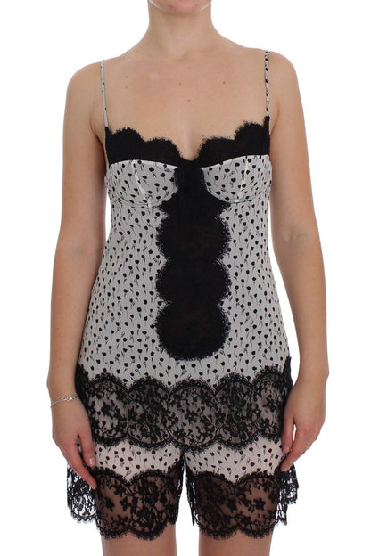 Dolce & Gabbana Elegant Floral Lace Silk Chemise in black and white floral print with lace details and adjustable shoulder straps