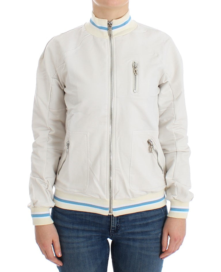 John Galliano Elegant White Zip Cardigan with Ribbed Trim and Pockets