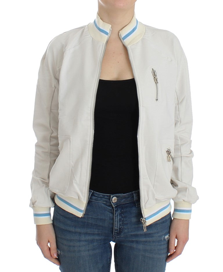 John Galliano Elegant White Zip Cardigan with Ribbed Texture and Pockets