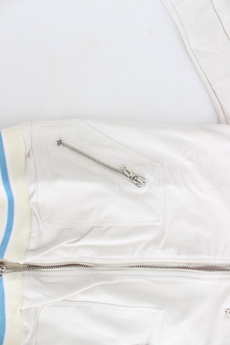 John Galliano Elegant White Zip Cardigan with Ribbed Hem and Cuffs