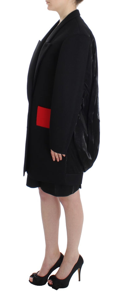 Button closure and brand logo detail on front